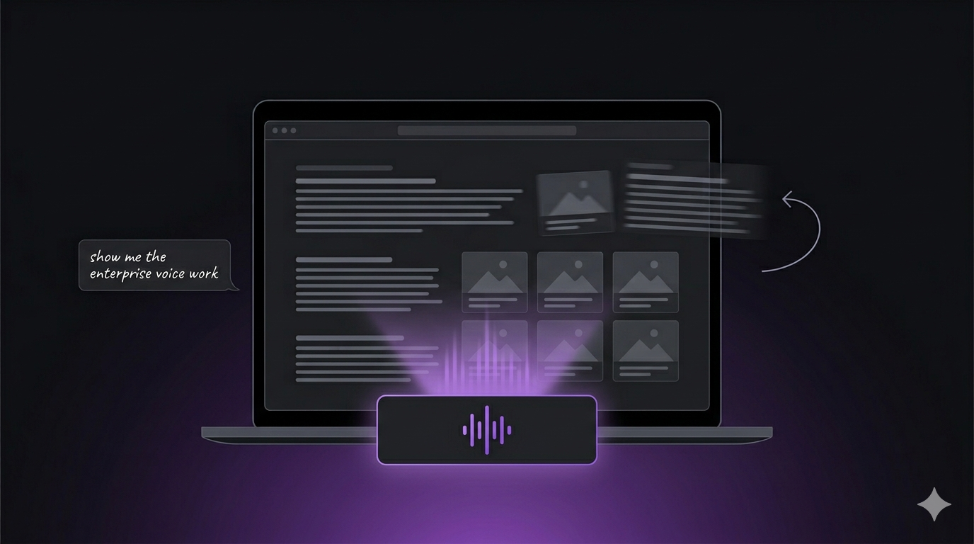 A laptop viewed from the front showing a dark-mode case-study page that is mid-transition. Rising from the bottom-centre of the browser window is a voice agent panel with a purple waveform indicator at its centre. A soft purple soundwave radiates upward from the panel into the page. To the left of the laptop, a small floating speech-bubble in handwritten style reads "show me the enterprise voice work". To the right, a thin arrow loops back at the browser to suggest the page just moved in response.