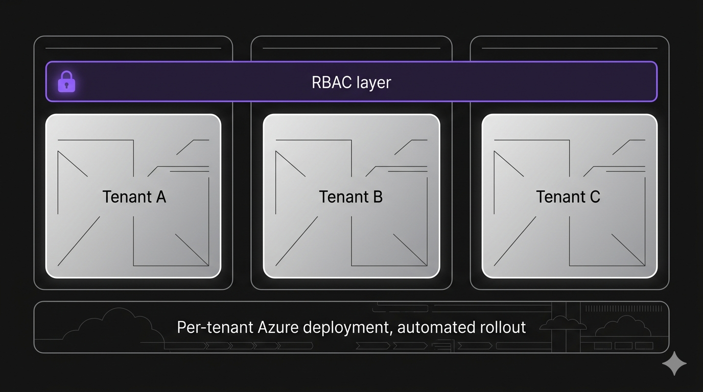 A diagram of multi-tenant isolation. Three labelled rounded rectangles arranged horizontally for Tenant A, Tenant B, and Tenant C, each visually separated to emphasise isolation. Above all three, a single horizontal bar labelled RBAC layer spans the full width with a small lock icon. Below all three, a foundation labelled 'Per-tenant Azure deployment, automated rollout'.